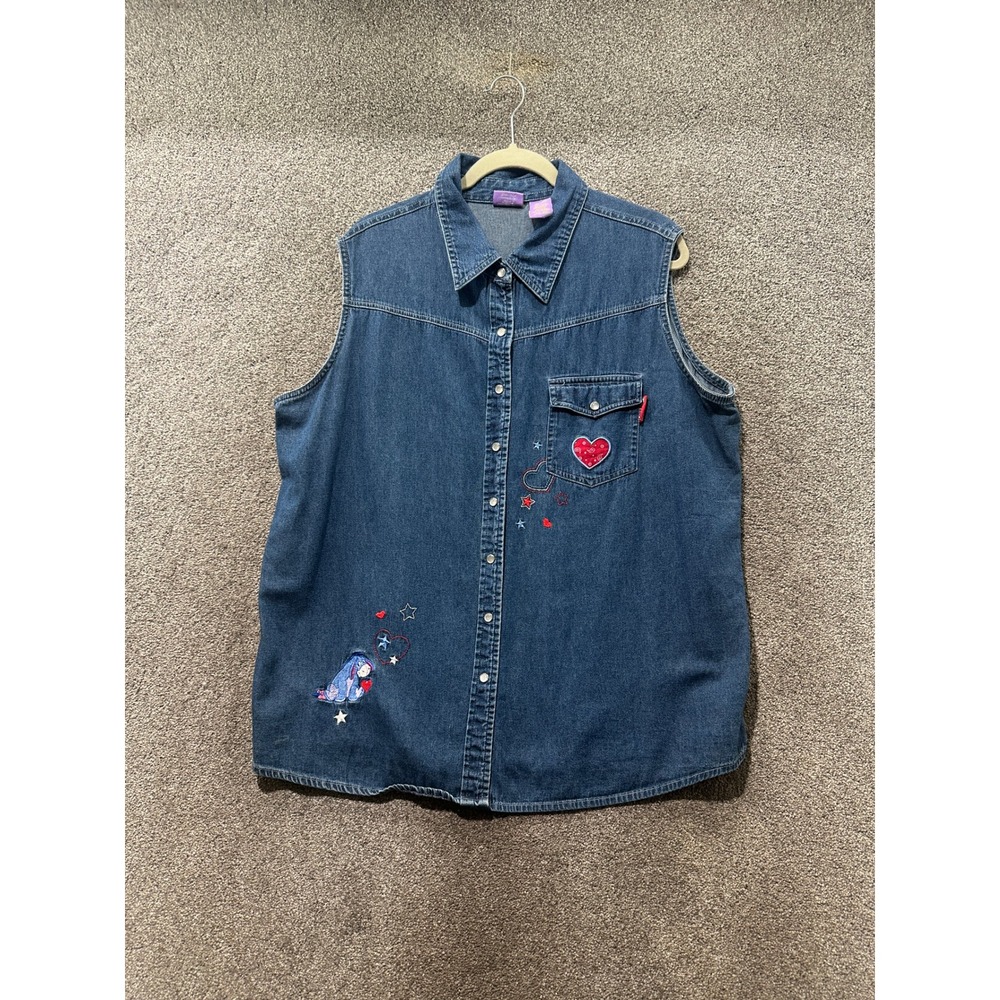 Disney Eeyore Embroidered Denim Sleeveless Button Down Shirt Plus Size 18W/20W